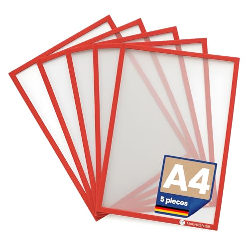 Image of A4 Magnetic Frame for Metallic Surfaces - Pack of 5 - Keeps documents Clean and Highly Visible - No Fixing Required Simply Lift and relocate on to Any Steel Surface, Colour: RED