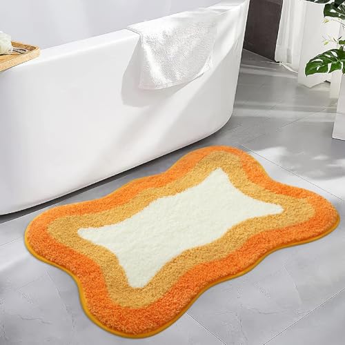 Calkkrer Tapis de Bain antidérapant Lavable Orange, Doux et Moelleux Forme irrégulière, Microfibre Lavable en Machine, pour Salle de Bain ou Baignoire 40x60cm
