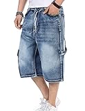 Yeokou Men's Loose Hip Hop Cropped Jeans Work Denim Shorts with Cargo Pockets (44, Style11 Light Blue001)