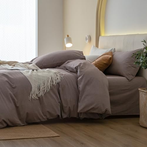 JIYUAN 100% Washed Cotton Duvet Cover Set 3 Pieces Super King, 1 Duvet Cover 108x98 Inches(Comforter Not Included) and 2 Pillowcases,Linen Feel Bedding Set Comfy and Breathable, Heathered Mauve Brown