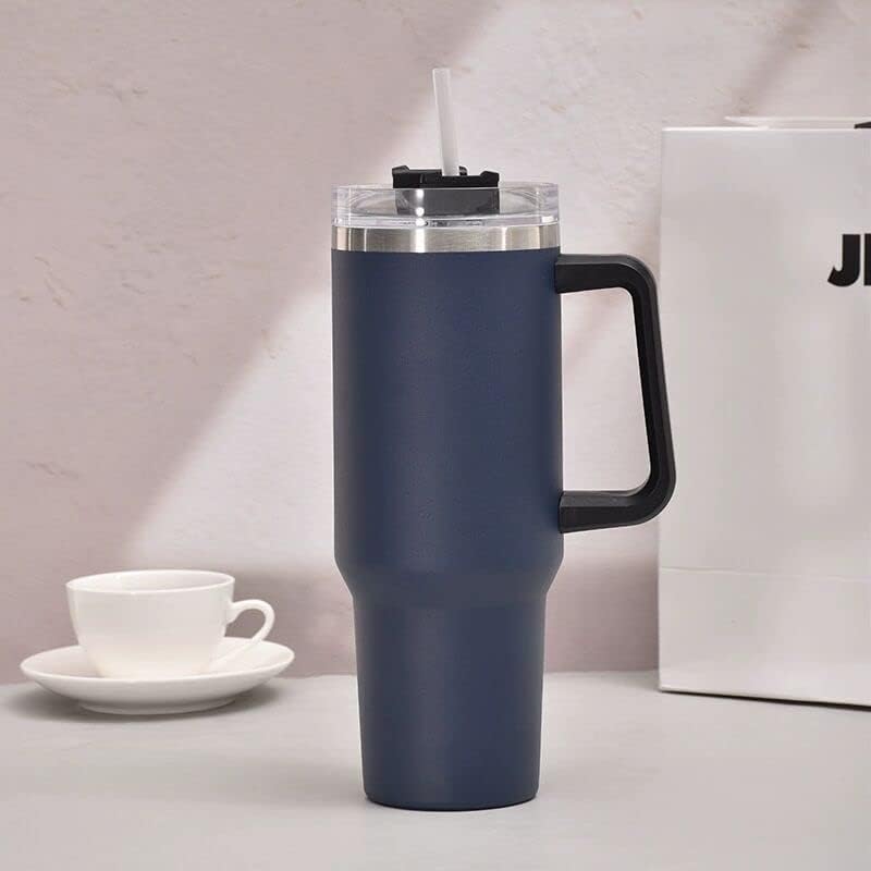Miniatura 3 de Vaso de viaje aislado de 40 onzas con asa y popote, taza de acero inoxidable de doble pared al vacío que mantiene la bebida fría y caliente (azul