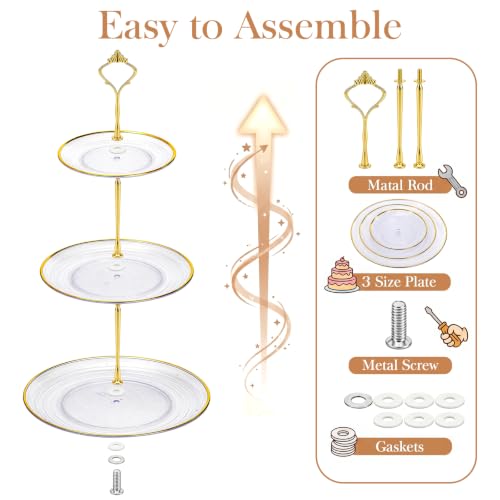 Image of Goaste 3 Pack 3 Tier Cupcake Stand, Clear Plastic Round Tiered Serving Stand with Gold Rim, Reusable Dessert Pastry Tower Tray, Candy Buffet Holder for Wedding Birthday Baby Shower Tea Party Decor