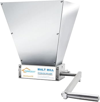 FERRODAY Malted Grain Mill for Grain Malt Barley, 2 Roller Stainless Steel Crusher Malt Mill, Heavy Duty Homebrew Grain Grinder, Adjustable Barley Crusher, Low Speed Drill, Manual Mill No Base