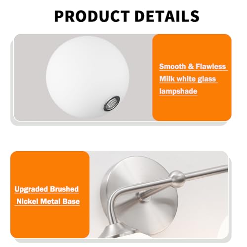 Image of Modern Brushed Nickel 2-Lights Bathroom Vanity Lights, Bathroom Lighting Fixtures Over Mirror with Milk White Globe Glass Shade, Elagant Wall Sconces for Dressing Table Bedroom Living Room