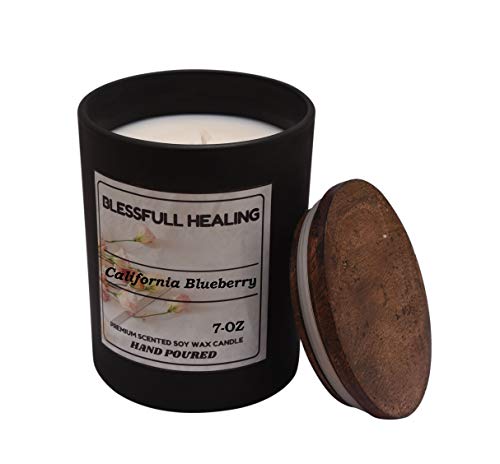 Blessfull Healing 100% Vegan Fragrance California Blueberry Bougie parfumée à la Cire de soja 100% Bocal en Verre Noir Mat de 7 oz avec Couvercle en Bois Bougie de Noël à Longue Cover