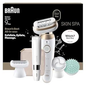 Braun Silk·épil 9 Flex SkinSpa, All-in-One Set, Epilator with 360° Flexible Head for Easy Hair Removal, Wet & Dry, Lasting Smooth Skin, Includes Body Trimmer, 9-481 3D, Gold