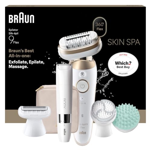 Braun Silk·épil 9 Flex SkinSpa, All-in-One Set, Epilator with 360° Flexible Head for Easy Hair Removal, Wet & Dry, Lasting Smooth Skin, Includes Body Trimmer, 9-481 3D, Gold