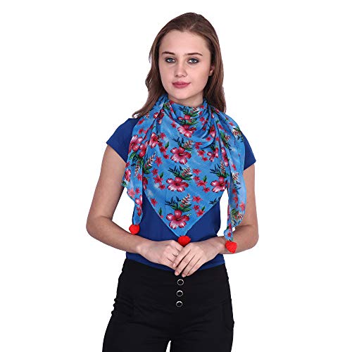 Image of POPWINGS Casual Yellow Printed Chiffon Scarf with pom-pom work