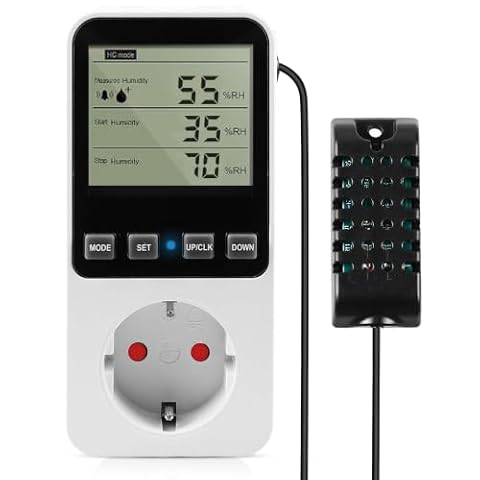 Regulator temperatury, gniazdko 230 V, regulator wilgotności powietrza z czujnikiem, cyfrowy termostat, gniazdko z higrostatem, przełącznik temperatury z programatorem czasowym, alarm do szklarni