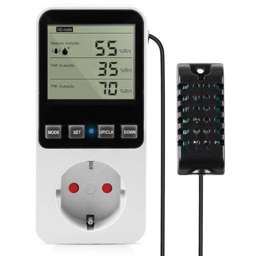 Regulator temperatury, gniazdko 230 V, regulator wilgotności powietrza z czujnikiem, cyfrowy termostat, gniazdko z higrostatem, przełącznik temperatury z programatorem czasowym, alarm do szklarni