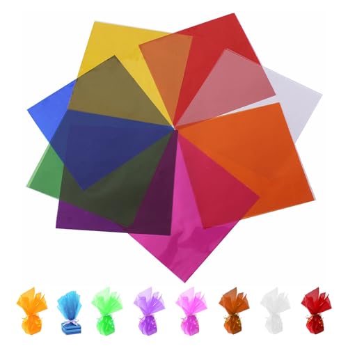 ATSGJLZN 200pcs Zellophanfolie Bunt, 19x19 cm Cellophanfolie Bunt, 8 Farben Cellophanfolie, Farbig Transparente Geschenk Folie & Twist Krawatten, für Süßigkeiten, DIY, Kunst, Basteln, Dekoration