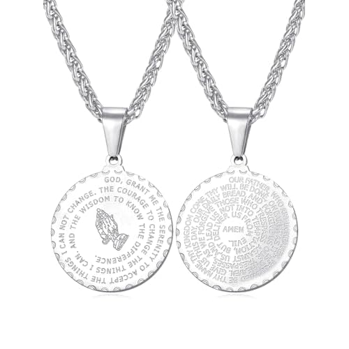 U7 Bible Verse Necklaces for Men Women Stainless Steel/18K Gold Plated Prayer Hands Coin Medal Pendant Necklace Christan Jewlery Gift (22-26Inch) 01-B