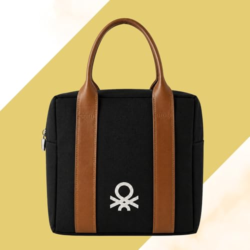 Image of United Colors of Benetton Lunch Bag for Women & Men, Insulated Bag, Tiffin Lunch Bag for Office /College /School, Bottle Holder, Lightweight, Durable Handles, Multiple Pockets (Black)