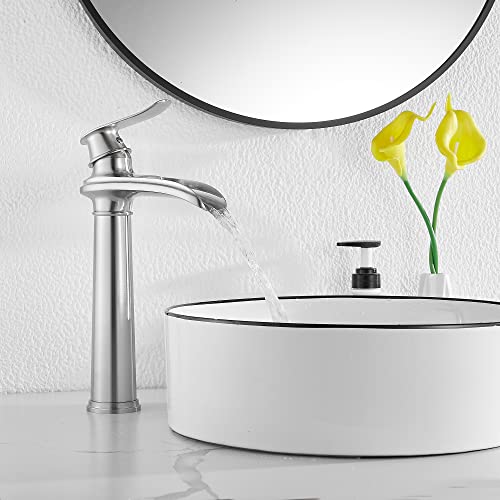 Bathroom Faucet GGStudy Waterfall Single Handle One Hole Brushed Nickel Farmhouse Bathroom Vessel Sink Faucet Matching Pop Up Drain by GGStudy - Image 8