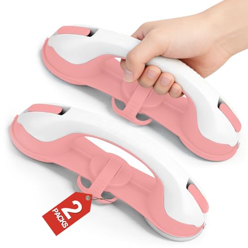 #ColaboraciónPagada<br>3 Suction Cups Grab Bars for Bathtubs and Showers for Seniors Heavy Duty Shower Handle for Elderly Removable Handrails Handicap Bath Grip Bathroom Safety Grips No Drilling Waterproof (Pink)