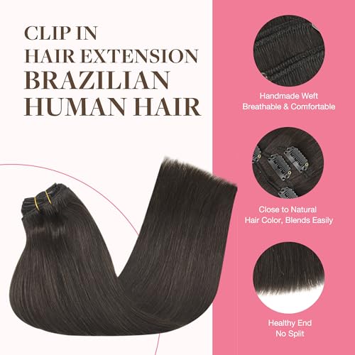 Image of GOO GOO Clip in Hair Extensions Real Human Hair, Remy Human Hair Extensions Clip ins for Women, Natural Human Hair, 18inch 150g 9Pcs, 2 Dark Brown