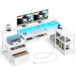 Seventable L Shaped Computer Desk with USB Ports, Power Outlets, LED Strip, Drawers & File Cabinet, Reversible Corner Gaming Desk with Monitor Shelf & Storage for Home Office, White