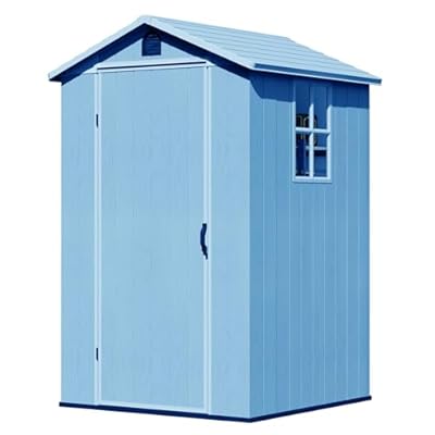 Greesum 4×4FT Plastic Outdoor Storage Shed with Floor, Resin Storaged Sheds with Lockable Door, Window & Vent, All-Weather Tool Sheds for Garden, Backyard, Patio, Blue (One-Piece Panel)