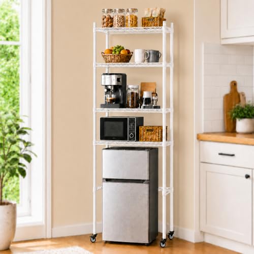 Image of Mini Fridge Stand with Wheels, 4-Tier Microwave Stand Over Fridge, White | Adjustable Metal Shelves for Coffee Makers, Snacks and Cups in Dorm Rooms, Apartments, Small Kitchens or Offices