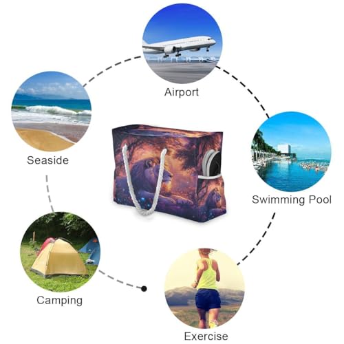 Large Beach Bags Totes Canvas Tote Shoulder Bag Luminous Lion Water Resistant Bags for Gym Travel Daily3