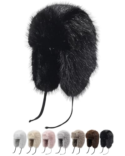 Peicees Winter Fur Hat for Women, Ladies Russian Ushanka Furry Trapper Hat with Warmer Ear Flaps and Glitter Silver Design, Black