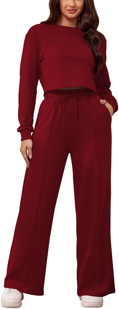 PINSV Women's 2 Piece Outfits Sweatsuit Set Long Sleeve Crop Top Drawstring Wide Leg Pants with Pockets Tracksuits Casual Set - Image 5