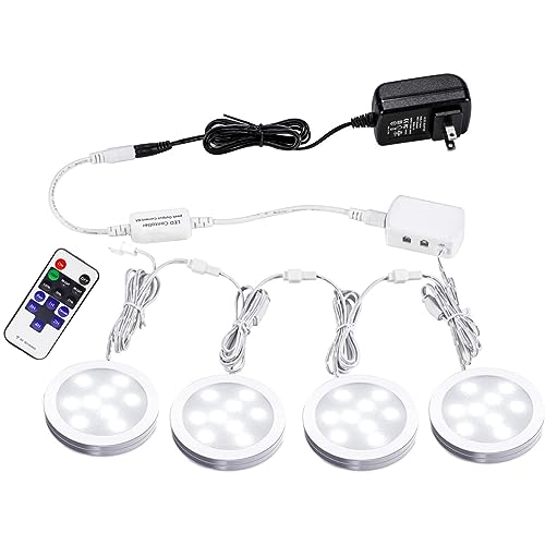 AIBOO Linkable LED Under Cabinet Lights 12V Slim Aluminum Dimmable Puck Lights with RF Remote Control & ETL Listed Power Adapter for Accent Display Lighting (4 Lights,Daylight White)