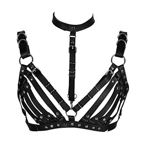 BBOHSS Damen Leder Body Harness Punk BH Karneval Gothic Halloween Tanz Einstellbar BH Kostüm Zubehör (Schwarz)