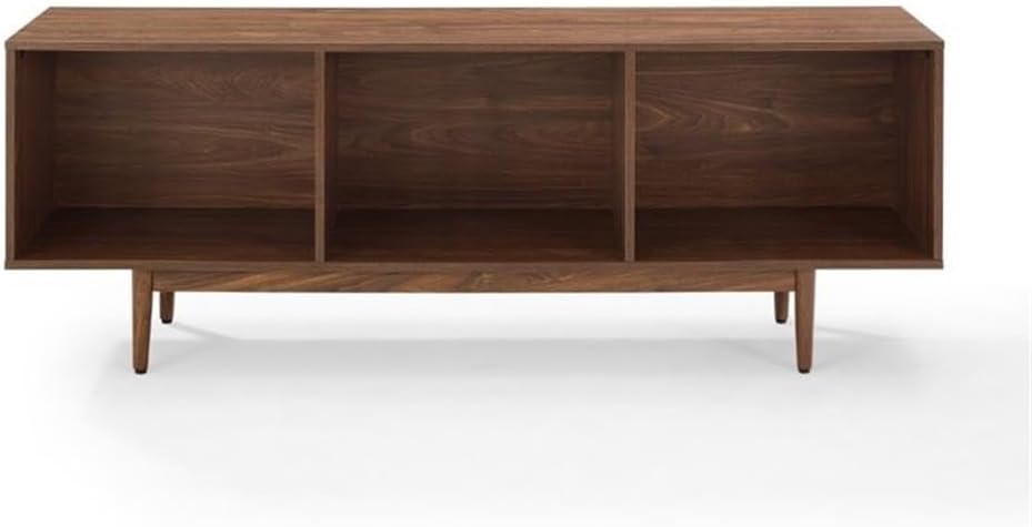 Pemberly Row 60" Low Profile TV Stand, Walnut Finish, Mid-Century Modern Media Furniture with Tapered Legs, Adjustable Levels, 3 Divided Sections, Fits 65+ Inch TVs, Ideal for Living Room or Home Use