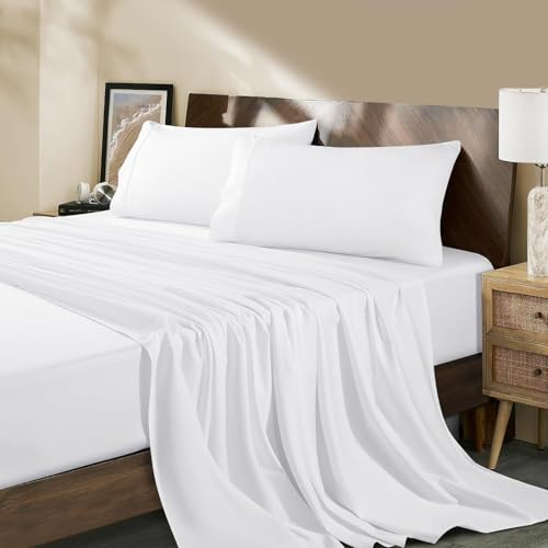 Queen Sheet Set 100% Egyptian Cotton Sheets High Thread Count 4-Piece Bedding Collection with 2 Pillowcases 17 Inch Deep Pocket Extra Soft Cooling Breathable Cozy Easy Care Bedsheets White