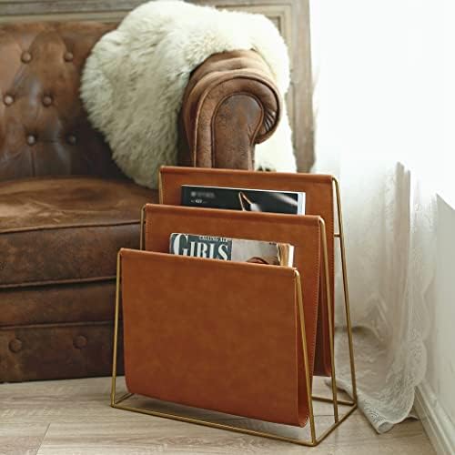 Modern PU Leather Magazine Holder - Stylish Metal Newspaper Rack for Living Room, Bedroom, Office - Sofa-Side Storage Organizer for Books and Magazines