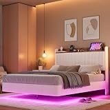 IDEALHOUSE Full Floating Bed Frame with LED Lights & Charging Station, Upholstered Platform Bed with Storage Headboard, Wood Slats Support, No Box Spring Needed, Easy to Assemble, White
