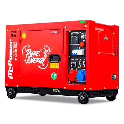 ITCPower Generador Diésel Full Power 7,9 kVA RED EDITION 400V y 230V - Generador Eléctrico con Arranque Eléctrico y ATS para Casa y Energía Solar - Silencioso con Autonomía 10h y Bajo Consumo