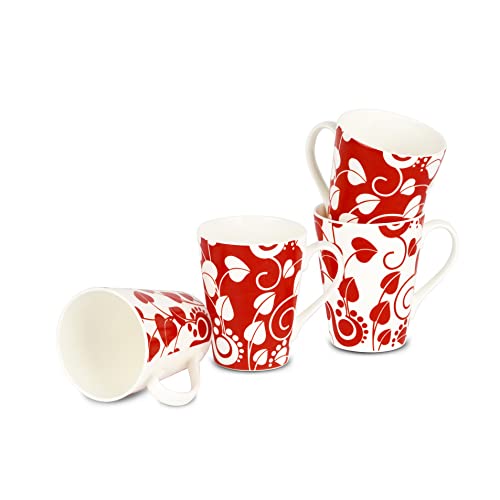 Image of Dandy Lines Conical Red and White Leaves, Ceramic Coffee Mug Set, Pack of 4, Microwave & Dishwasher Safe, Great for Home Use & Gifting