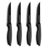 Ruffulon Steak Knife Set of 4 - Black Stainless Steel Serrated Kitchen Knives with Ergonomic Handle, Multipurpose Dinner Set, Dishwasher Safe, Rust-Proof