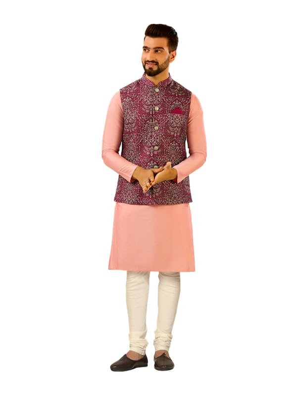 Image of KISAH Men Printed Kurta Jacket Set, Full Sleaves, Knee Length, Straight, Regular Fit, Mandarin Collar Ethnic Wear
