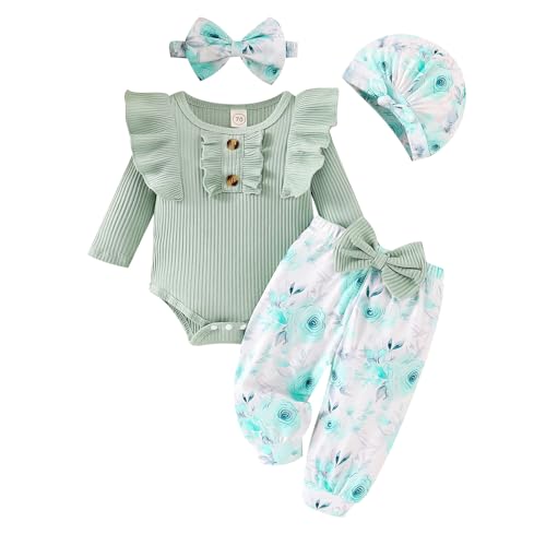 Image of GDTOGRT Baby Girl Clothes Infant Newborn Outfits Romper Pants Cute Bow Headband Hat Sets for Baby Girls (0-3-6-12-18 Months)