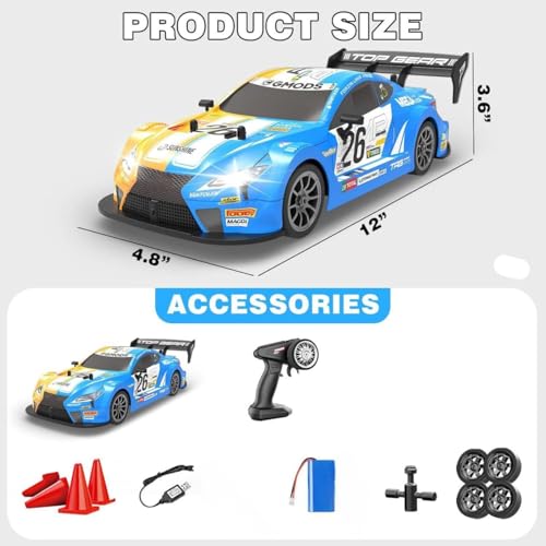 Image of Rc Drift Remote Control Car 1:24 Scale, High-Speed, 4Wd, Lights, Rechargeable Racing Car, Drifting Tires, 2.4Ghz, for Kids (RC Drift Car - Sky Blue)