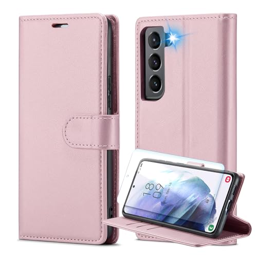 for Samsung Galaxy S21 Case and Screen Protectors with RFID Blocking Credit Card Holder, PU Leather Folio Flip Kickstand Protective Shockproof Women Men for Samsung S21 Wallet Phone Case (Rose Gold)