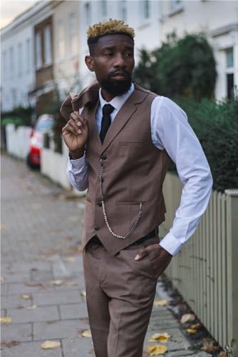 Mens Classic 3 Piece Suit Brown Pocket Chain Wedding Tailored Fit Vintage Formal3