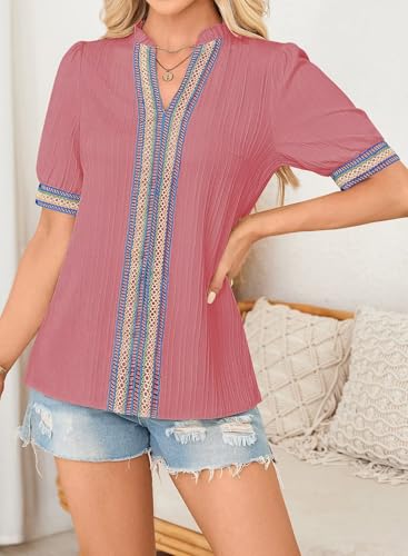 Womens Summer Tops Short Sleeve Lace V Neck Shirts Business Casual Flowy Boho Blouses Dressy Work Outfit Trendy 20254