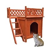 Recintos para Gatos, casa para Gatos Impermeable para Exteriores, Nido para Gatos de diseño de 2 Pisos con Puerta, balcón y Escalera, Refugio de Madera para Interiores y Exteriores, condomin