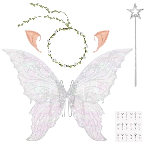 DiULi Feenflügel Erwachsene Kinder, 5er Elfenflügel Set mit Elfenöhren Stirnband Feenstäbe, Feenflügel Glitzer Prinzessinnenflügel für Halloween Karneval Fee Party, Weiß