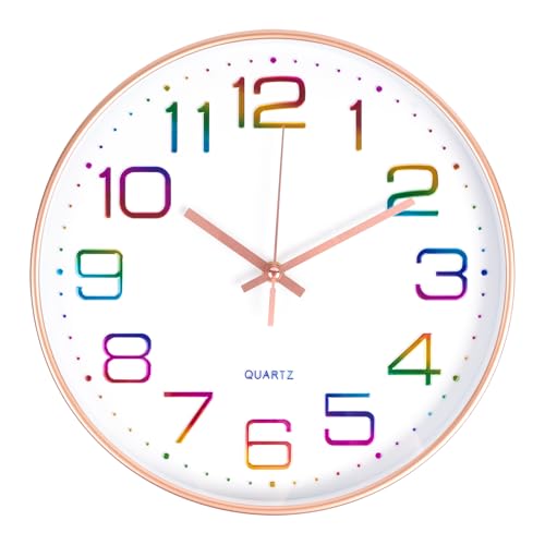 CIMOYBAI 30cm Wanduhr, 3D Ziffern Bunt Lautlos Wanduhr Rosegold, Modern Ohne Tickgeräusche, für Büro, Zimmer, Wohnzimmer, Küche, Schule Kinderzimmer (Rosegold-L)