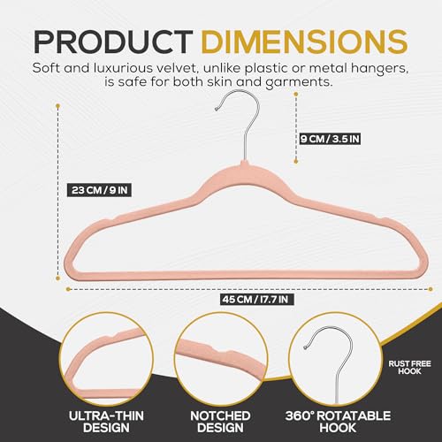 Image of Techzoo 50 Pack New Premium Quality Velvet Hangers Ultra Thin Non Slip Adult Felt Space Saving Hangers for Closet Heavy Duty Coat Pants Jackets Dress Hangers 360 Swivel Hook Hold Upto 10lbs Rose Gold