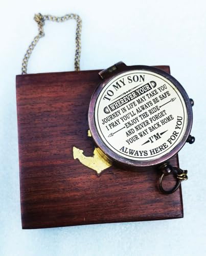 Brújula personalizada con mensaje inspirador para hijo, brújula de latón grabada con caja de madera miniatura 3