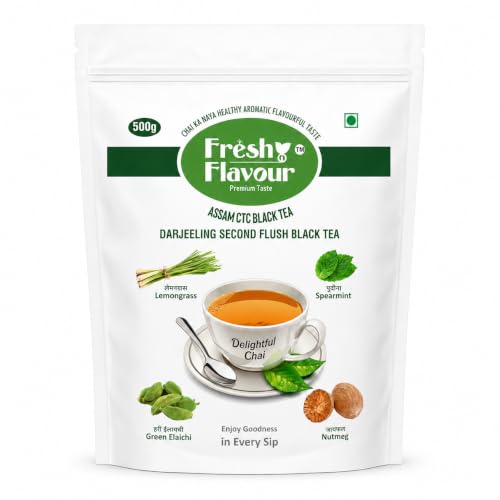 Image of Fresh n Flavour Delightful Chai Patti 500g | Premium Assam CTC + Darjeeling Second Flush Black Tea Blend | Natural Lemongrass Cardamom Spearmint Nutmeg | Morning Kadak Office Milk Tea