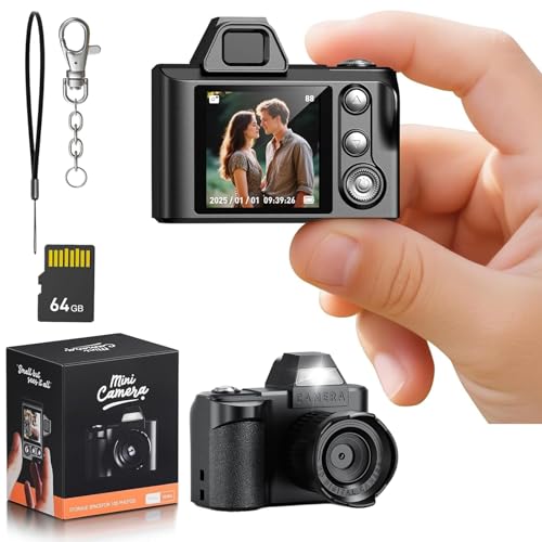 64MP Kids Digital Camera with 64GB SD Card, Mini Retro Keychain Camera for Boys and Girls, Portable 720P Video Camcorder with Soft Silicone Protective...