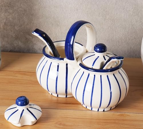 Image of Niyara Multipurpose Storage Ceramic Pickle set Jars & with Lid & tray (Set of 2, 300 ML) (Blue line design)