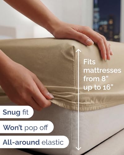 Image of Lightweight 4 Piece Bed Sheet Set Full Size - Cooling Sheets for Hot Sleepers - Soft Breathable Bedding Set w / 8-16 Inch Deep Pockets - 1 Flat & 1 Fitted & 2 Pillowcases - Wrinkle Resistant - Wheat